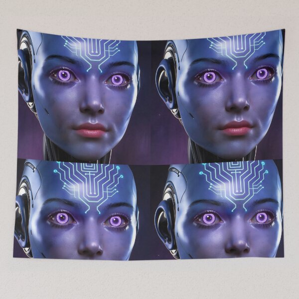 Item preview, Mechanical Robot Girl Head – Blue and Purple Glowing Cyber Portrait designed and sold by EmeraldeaArt.