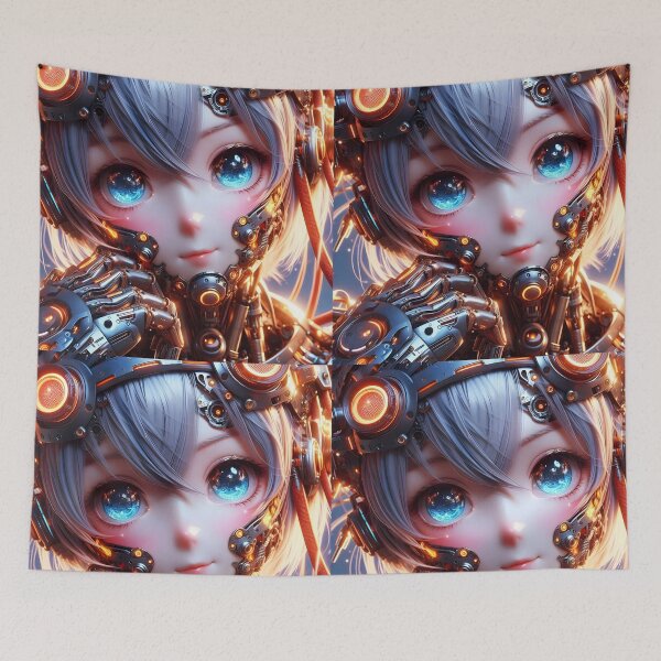 Item preview, Cute Anime Mecha Robot Girl – Silver Hair Blue Eyes Portrait designed and sold by EmeraldeaArt.