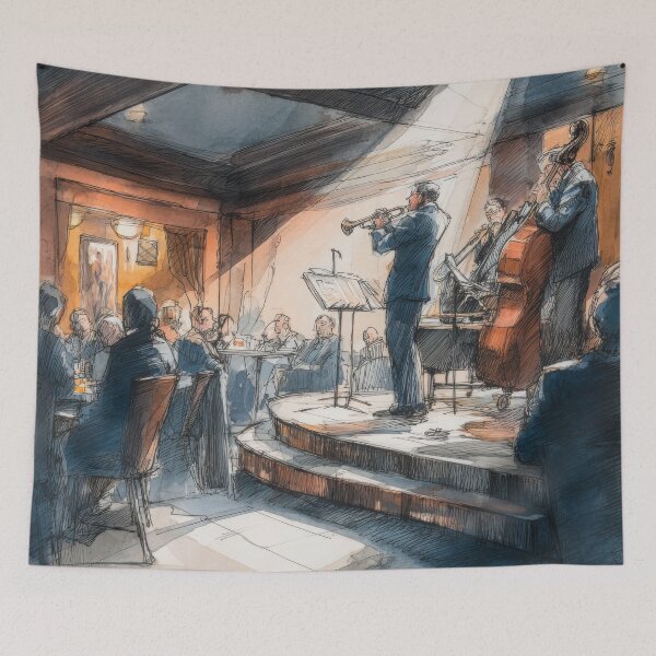 Item preview, Vintage Jazz Club Illustration – Pen and Ink with Watercolor Style designed and sold by dawnleblanc55.