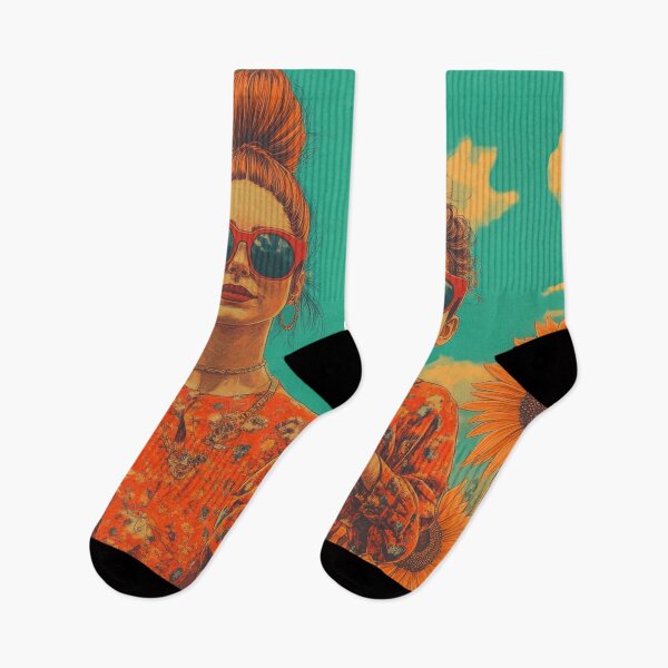 Item preview, Retro Sunflower Portrait – Mother and Child in Bold Orange and Teal designed and sold by dawnleblanc55.