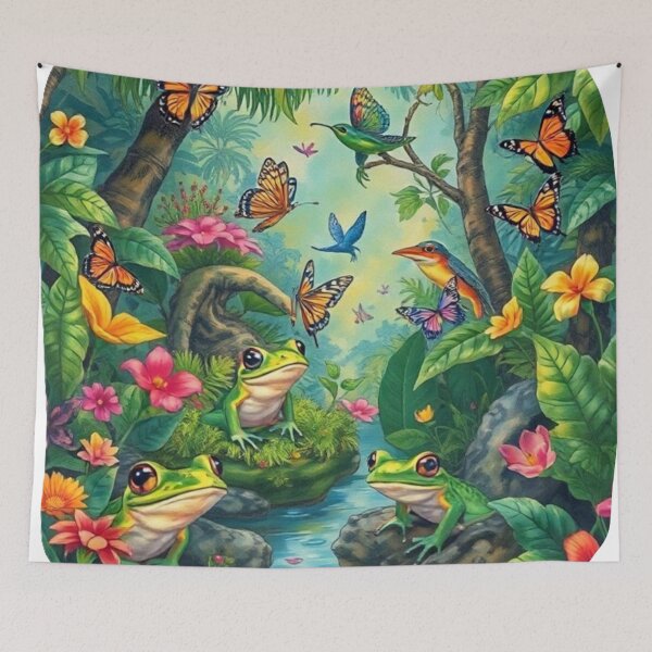 Item preview, Cartoon Frogs in Tropical Butterfly Jungle designed and sold by Iuqiune.