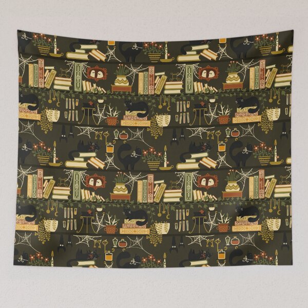 Item preview, Haunted Bookshelf - Spooky Cat & Halloween Books Pattern designed and sold by space-kitten.
