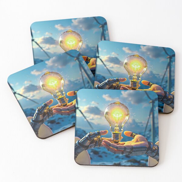 Item preview, Futuristic concept showing human-robot collaboration for clean energy. Lightbulb glow, wind turbines, and snowy mountains set the scene. designed and sold by PEUCETA-BA.