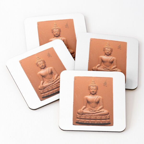 Item preview, Image of a red-orange baked clay Buddha amulet on a grey background. designed and sold by Hotpotsoyummy.