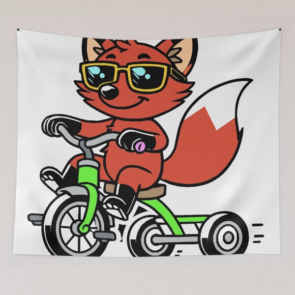 Item preview, Cool fox with sunglasses riding relaxed on a green tricycle – funny cartoon illustration designed and sold by Sim-PX.