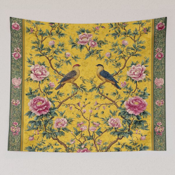 Item preview, Yellow Silk Birds Peonies Carpet designed and sold by GrinGalore.