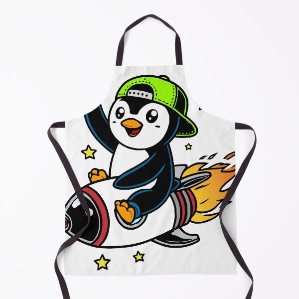 Item preview, Happy penguin with green cap flying on a rocket through the starry sky – funny cartoon illustration designed and sold by Sim-PX.