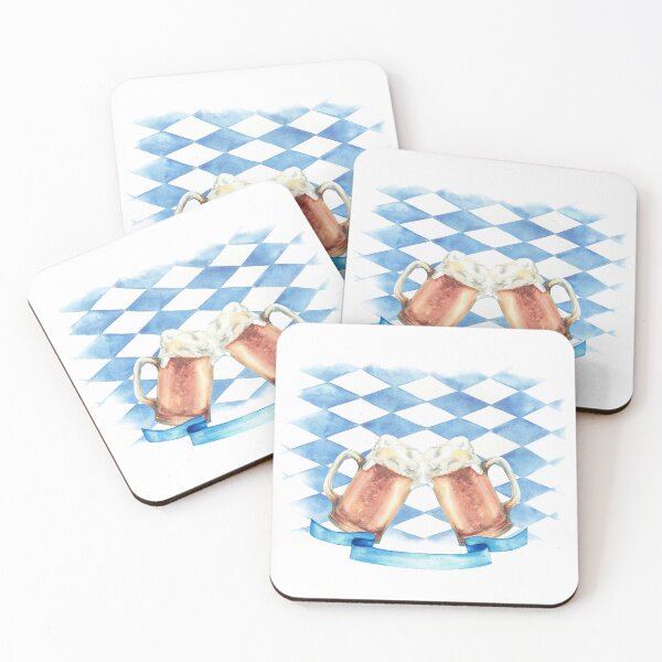 Item preview, Two Beer Mugs Toasting on Bavarian Flag. Traditional Oktoberfest Watercolor hand drawn Illustration designed and sold by BartolArt.