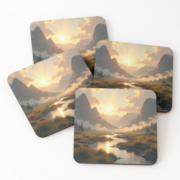 Item preview, Golden Silence – sunset over mountains and river, full of light poetry and calm natural power designed and sold by FotoworldEdel.