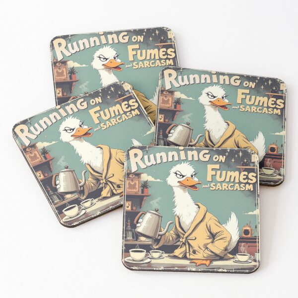 Item preview, "Running on Fumes and Sarcasm – Funny Coffee Duck Retro Art" designed and sold by vkittipoom.