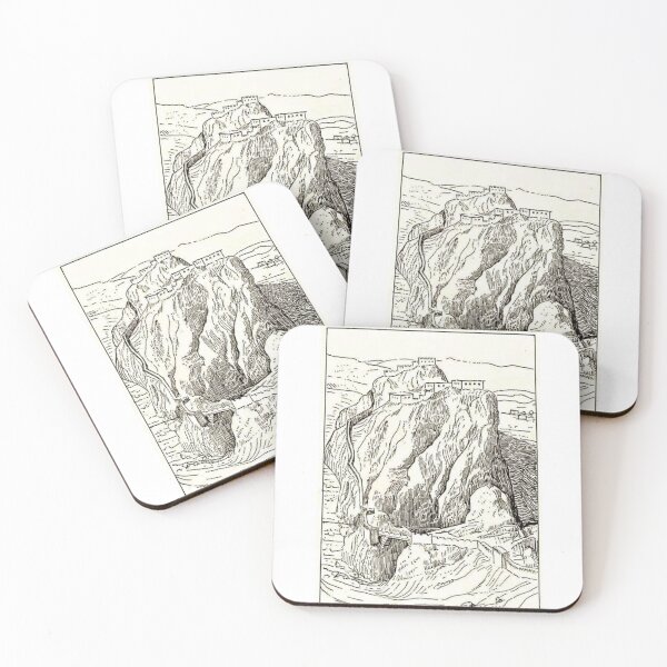 Item preview, Ancient Mountain Fortress Vintage Line Art Illustration – Medieval Castle on Rocky Cliff designed and sold by KimmyHortonsInc.