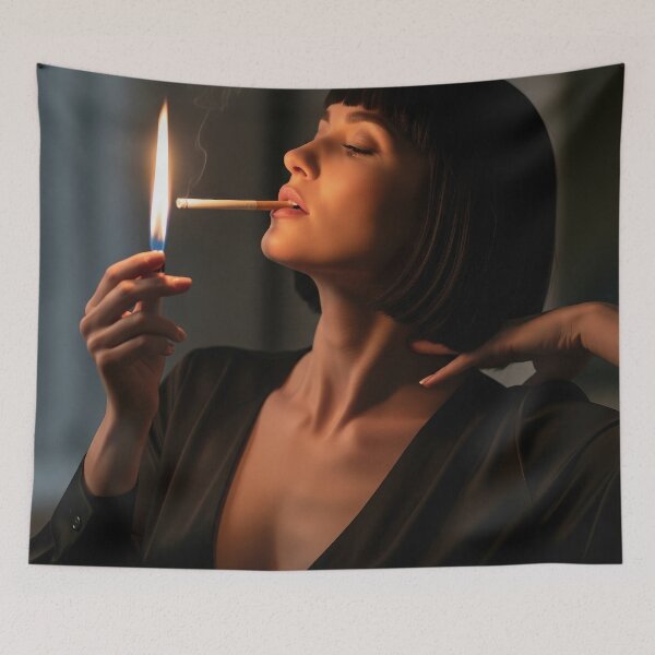 Item preview, Glamorous Woman Lighting Cigarette in Dramatic Evening Light. designed and sold by Spark2Seduction.