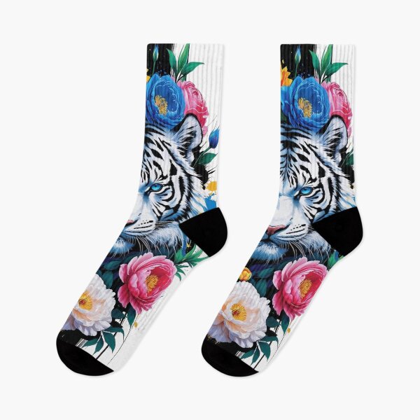 Item preview, Majestic White Tiger with Vibrant Floral Splash – Artistic Wildlife Portrait designed and sold by WildInkFusion.