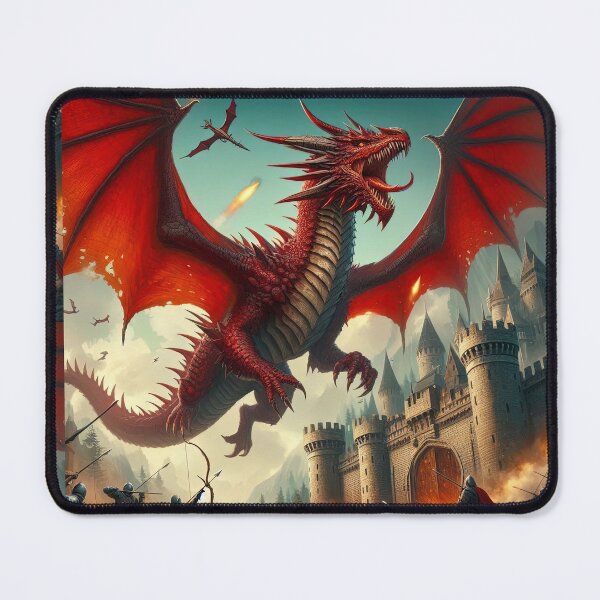 Artikelvorschau, roter feuerspeiender Drache fliegt über eine Burg, Legendäre Tiere, Drachenkunst, Legendärer Drache entworfen und verkauft von Expressions-Sel.