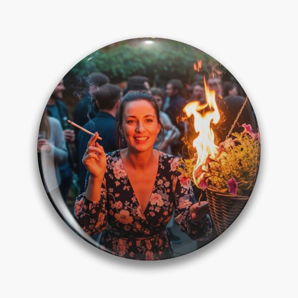 Item preview, Smiling Woman Accidentally Sets Hanging Basket on Fire at Garden Party. designed and sold by Spark2Seduction.