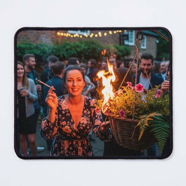 Item preview, Smiling Woman Accidentally Sets Hanging Basket on Fire at Garden Party. designed and sold by Spark2Seduction.