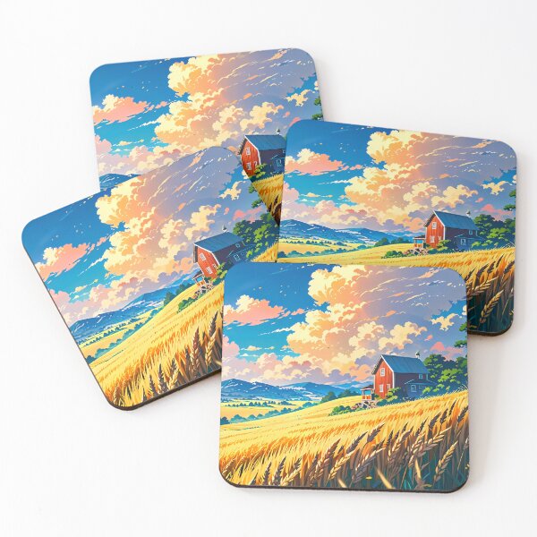 Item preview, Golden Wheat Field with Red Farmhouse at sunset designed and sold by HikariMoments.