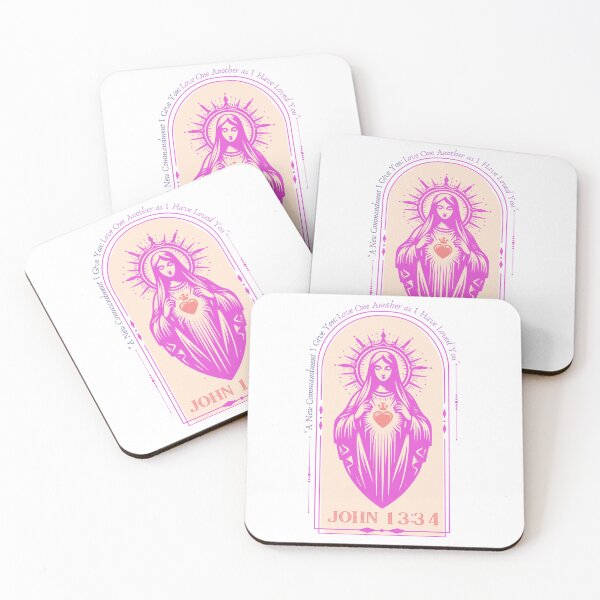 Item preview, The Virgin Mary Madonna in pink w/ scripture Version John 13:34 designed and sold by Holy Coast Threads (Formerly ChristianFlower).