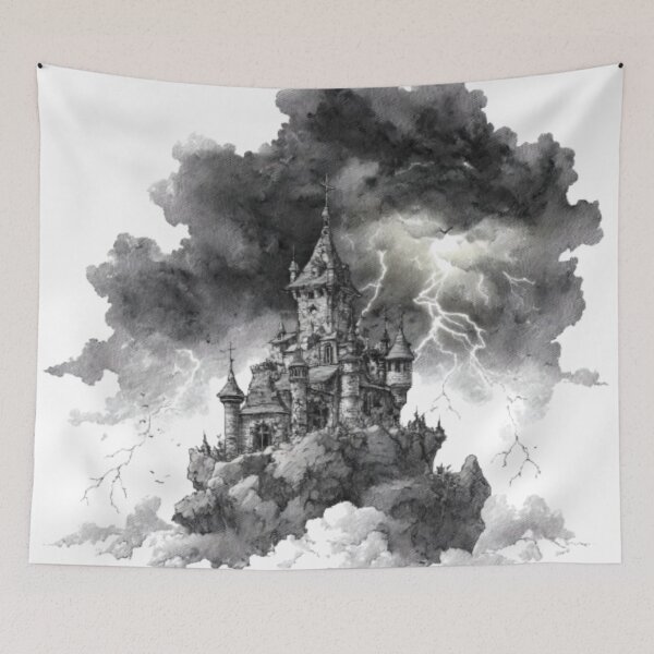 Item preview, Stormy Gothic Castle | Dark Fantasy Lightning Art designed and sold by AlexLineArt.