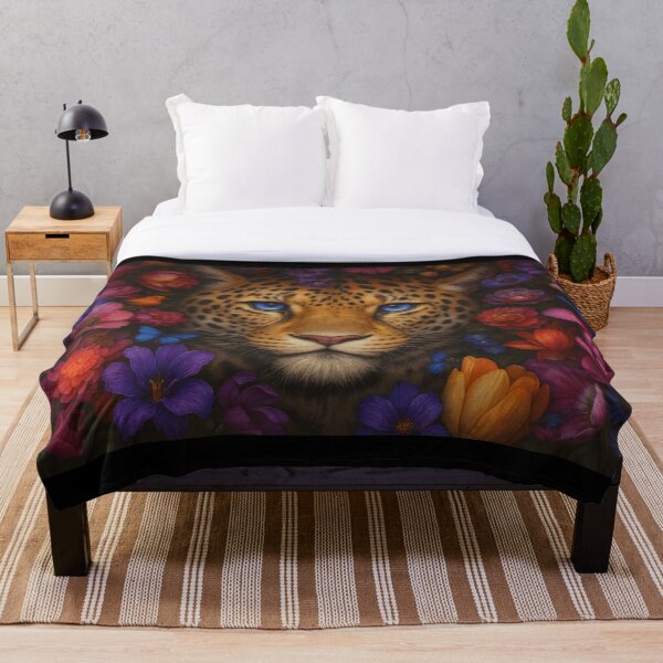 Artikelvorschau, Leopard with Blue Eyes in Floral Garden – Wildlife Fantasy Art entworfen und verkauft von PixelStorage.