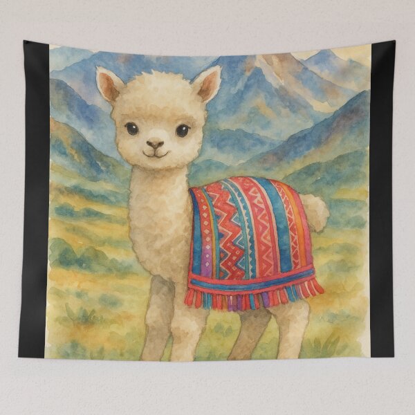 Aperçu de l'œuvre Bébé alpaga avec une couverture colorée dans les Andes Aquarelle créée et vendue par Kristylynn757.
