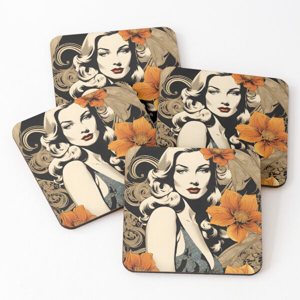 Item preview, Veronica Lake - Oblique Ink and Floral #24021 - Hollywood Legends Art Nouveau Illustration designed and sold by centuryretromedia.