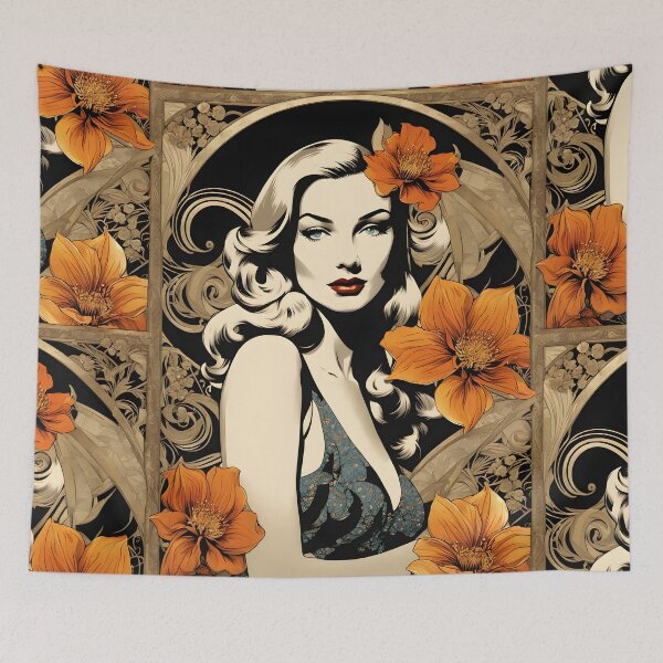 Item preview, Veronica Lake - Oblique Ink and Floral #24021 - Hollywood Legends Art Nouveau Illustration designed and sold by centuryretromedia.
