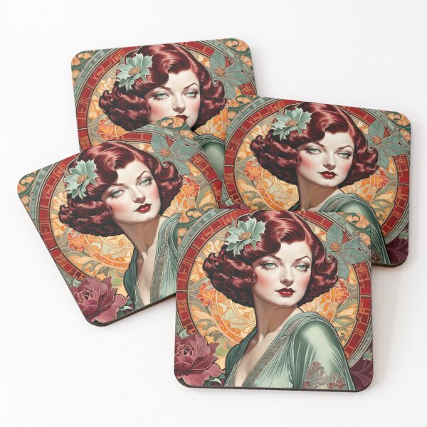 Item preview, Myrna Loy - Oblique Ink and Floral #24015 - Hollywood Legends Art Nouveau Illustration designed and sold by centuryretromedia.