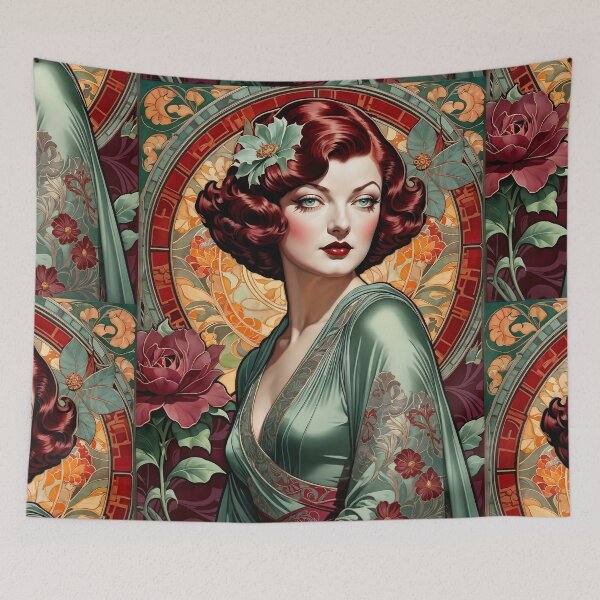 Item preview, Myrna Loy - Oblique Ink and Floral #24015 - Hollywood Legends Art Nouveau Illustration designed and sold by centuryretromedia.