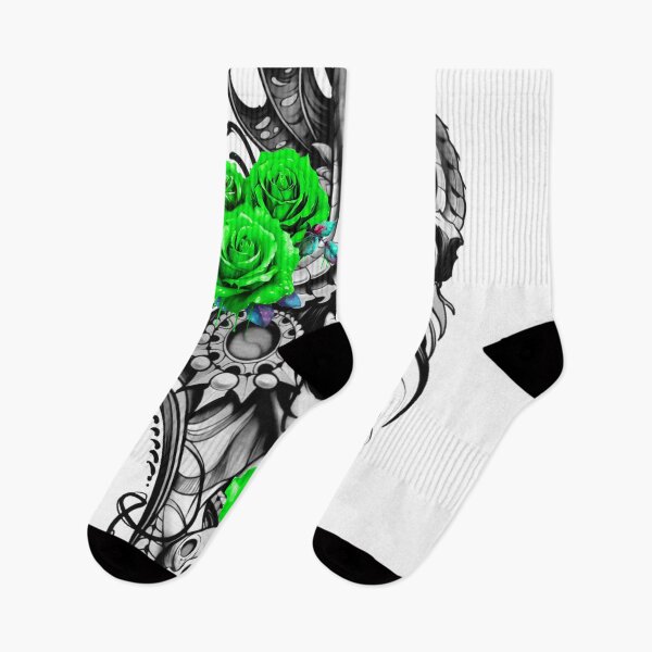 Item preview, Green roses Fantasy Gothic Tattoo Art – Black & White Dragon Skull Warrior Woman Illustration designed and sold by Bspaces.