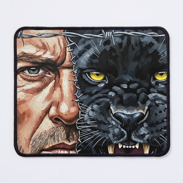 Item preview, Half a man's face and the other half is a jaguar whose strength is love and challenge designed and sold by jotcar.