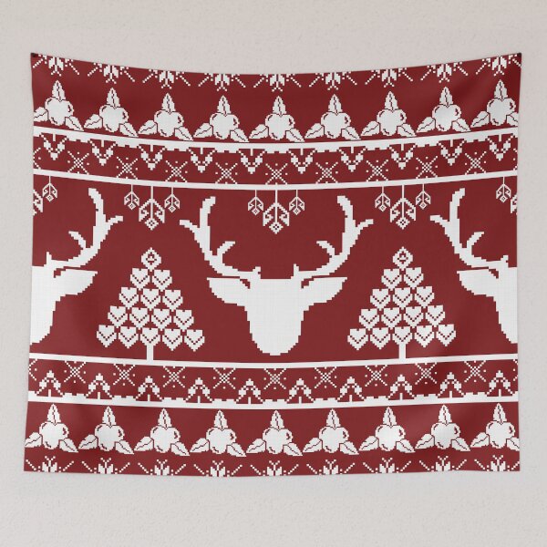 Item preview, Red and white pixel art features deer heads heart trees and snowflakes Intricate Nordic borders visible designed and sold by Crispifly.