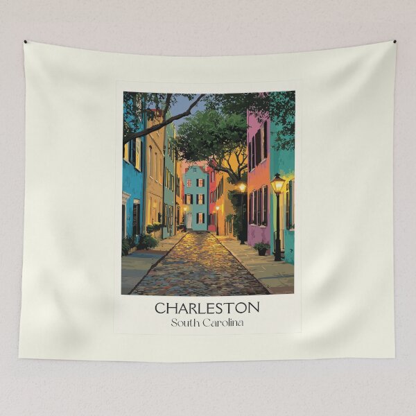Item preview, Charleston South Carolina Retro Travel Art | Rainbow Row Cobblestone Street designed and sold by TuncGK.