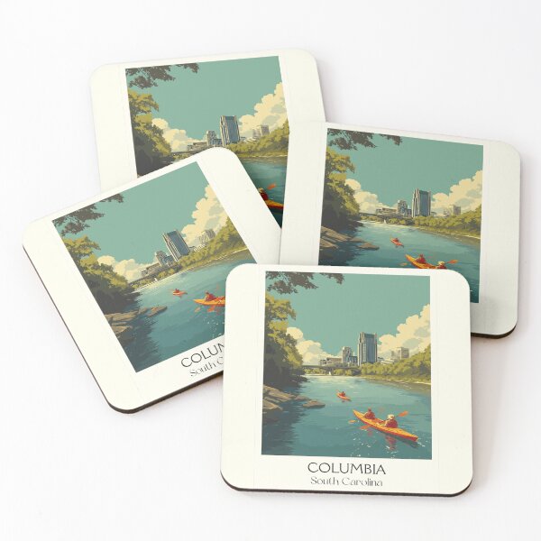 Item preview, Columbia South Carolina Vintage Travel Art | River Kayaking & City Skyline designed and sold by TuncGK.