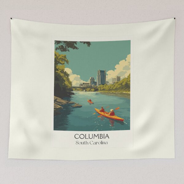 Item preview, Columbia South Carolina Vintage Travel Art | River Kayaking & City Skyline designed and sold by TuncGK.