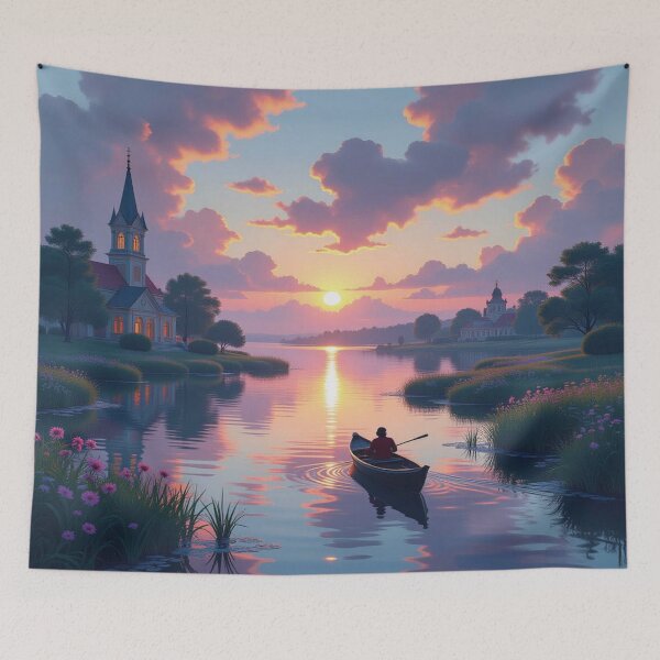 Item preview, Monet Mood – Sunset on the lake with boat, blossoms & churches in delicate color poetry and tranquility designed and sold by FotoworldEdel.