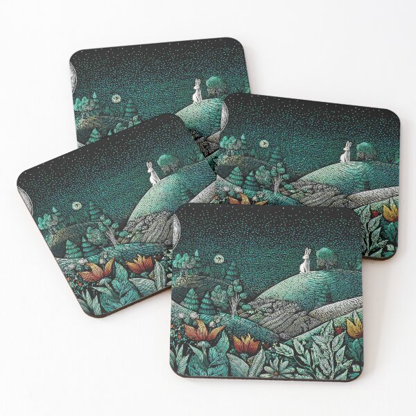 Item preview, White Hares on Mountain at night wood cut designed and sold by thewandswant.
