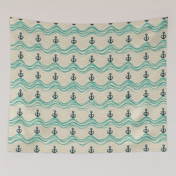 Item preview, beige and turquoise, geometric wave patterns with anchor icons spaced evenly, clean and structured, vector seamless pattern ,vector pattern, 8k, Ultra clear picture quality, vector pattern designed and sold by thewandswant.