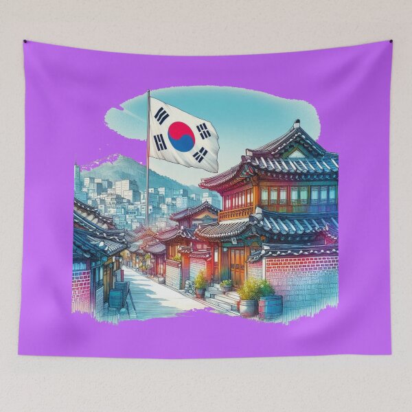 Item preview, Bukchon Hanok Village 3D Full Color Sketch with Korean Flag.   designed and sold by PaintMeWorld.