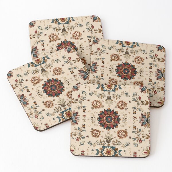 Item preview, folk art-inspired patterns, including flowers and geometric shapes in earthy tones on a cream background, with a vintage look and boho style. Highly detailed, flat illustration in a vintage style. designed and sold by thewandswant.
