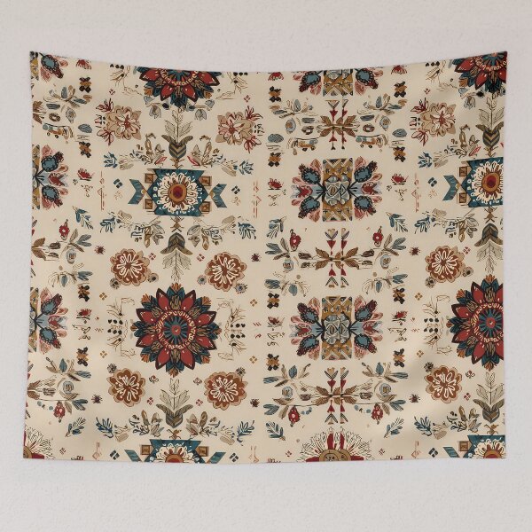 Item preview, folk art-inspired patterns, including flowers and geometric shapes in earthy tones on a cream background, with a vintage look and boho style. Highly detailed, flat illustration in a vintage style. designed and sold by thewandswant.