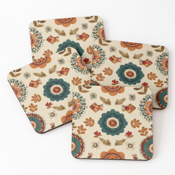 Item preview, folk art-inspired patterns, including flowers and geometric shapes in earthy tones on a cream background, with a vintage look and boho style. Highly detailed, flat illustration in a vintage style. designed and sold by thewandswant.