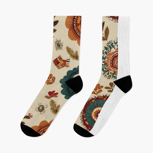 Item preview, folk art-inspired patterns, including flowers and geometric shapes in earthy tones on a cream background, with a vintage look and boho style. Highly detailed, flat illustration in a vintage style. designed and sold by thewandswant.
