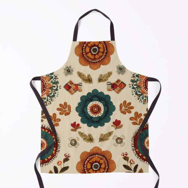 Item preview, folk art-inspired patterns, including flowers and geometric shapes in earthy tones on a cream background, with a vintage look and boho style. Highly detailed, flat illustration in a vintage style. designed and sold by thewandswant.