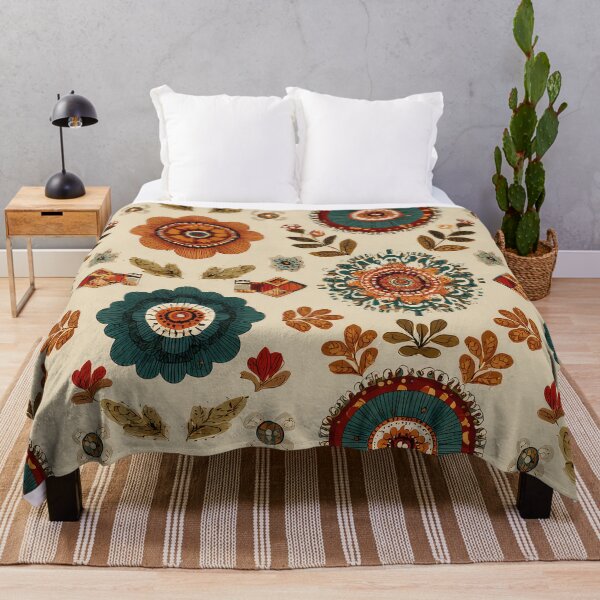 Item preview, folk art-inspired patterns, including flowers and geometric shapes in earthy tones on a cream background, with a vintage look and boho style. Highly detailed, flat illustration in a vintage style. designed and sold by thewandswant.