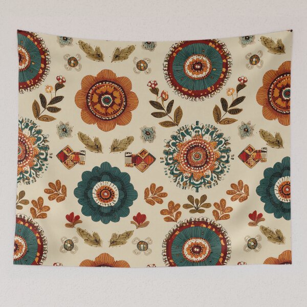 Item preview, folk art-inspired patterns, including flowers and geometric shapes in earthy tones on a cream background, with a vintage look and boho style. Highly detailed, flat illustration in a vintage style. designed and sold by thewandswant.