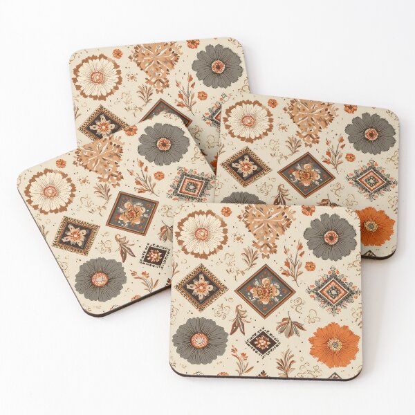 Item preview, folk art-inspired patterns, including flowers and geometric shapes in earthy tones on a cream background, with a vintage look and boho style. Highly detailed, flat illustration in a vintage style. designed and sold by thewandswant.