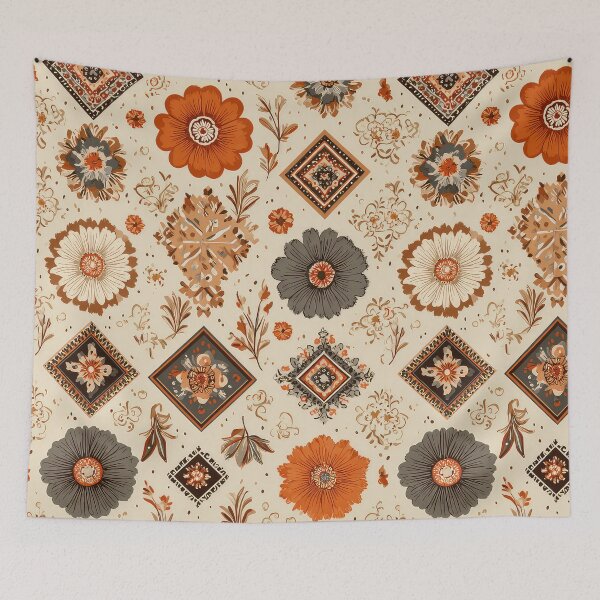 Item preview, folk art-inspired patterns, including flowers and geometric shapes in earthy tones on a cream background, with a vintage look and boho style. Highly detailed, flat illustration in a vintage style. designed and sold by thewandswant.