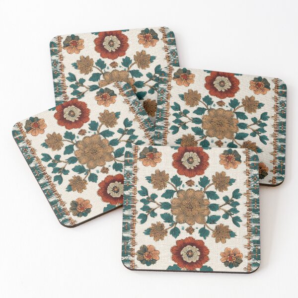 Item preview, folk art-inspired patterns, including flowers and geometric shapes in earthy tones on a cream background, with a vintage look and boho style. Highly detailed, flat illustration in a vintage style. designed and sold by thewandswant.