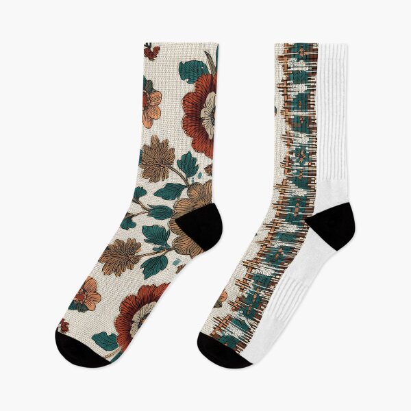Item preview, folk art-inspired patterns, including flowers and geometric shapes in earthy tones on a cream background, with a vintage look and boho style. Highly detailed, flat illustration in a vintage style. designed and sold by thewandswant.